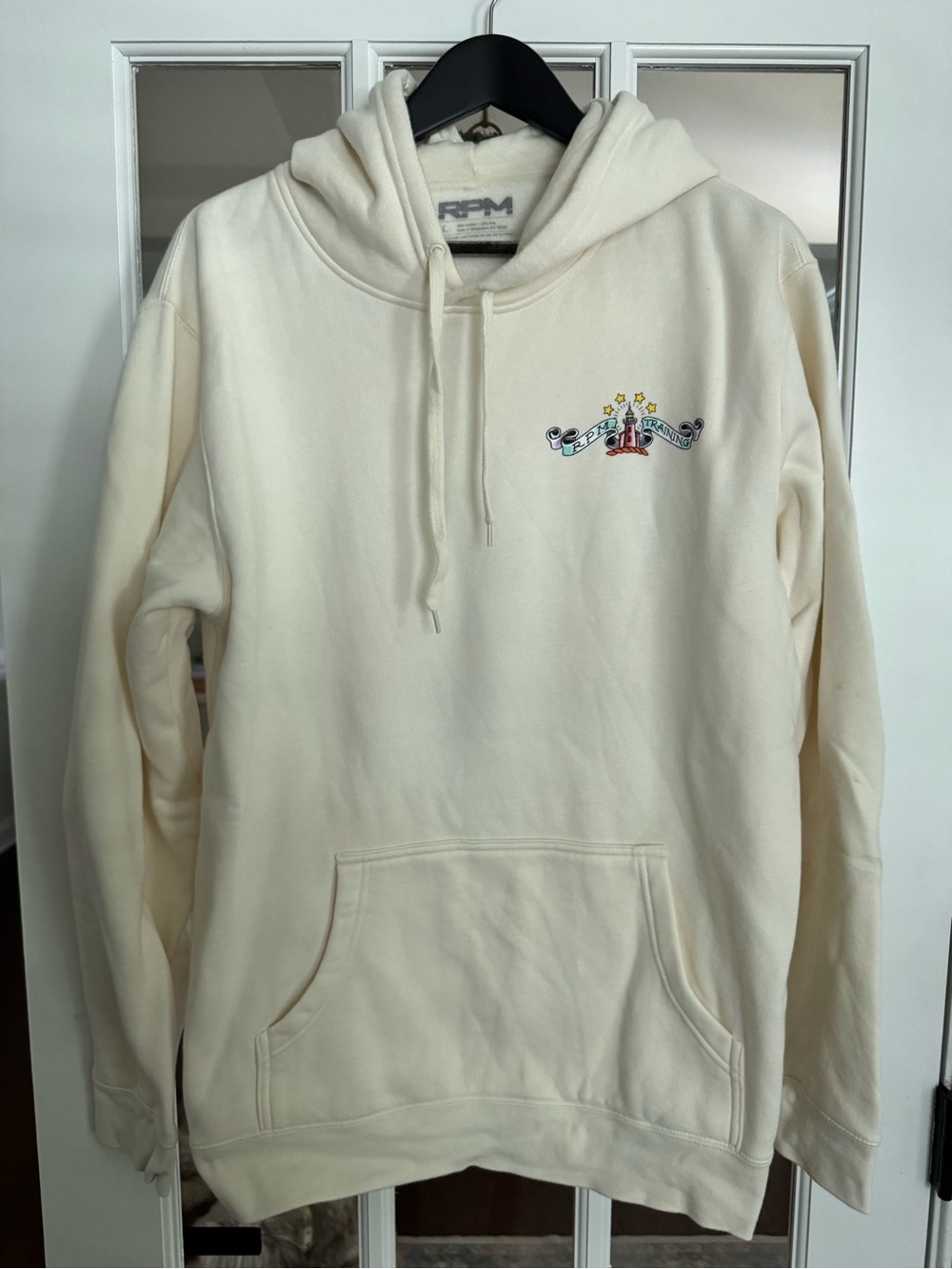 Men's Cream Crewneck Hoodie with Subtle Chest Embroidery